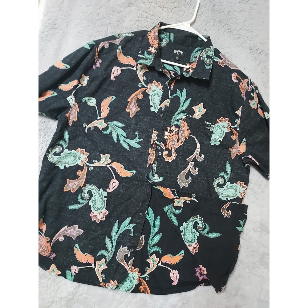 Billabong Shirt Mens XXL 2XL Floral Paisley Reverse Print Black Surfer Beach EUC